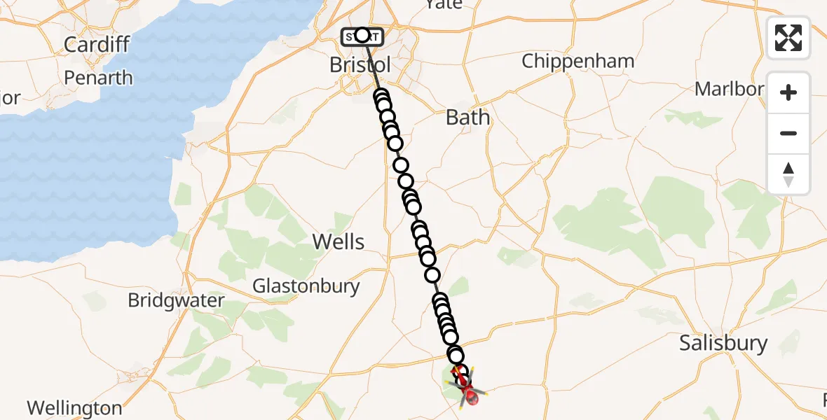 Flight route Air Ambulance Helicopter Southmead Hospital - Buckhorn Weston, 18 May 2026, 13:07