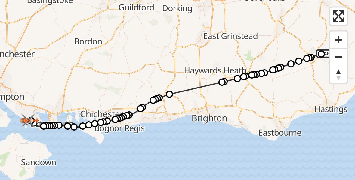 Flight route Coastguard Helicopter Tunbridge Wells - Solent Airport, 18 May 2026, 13:12