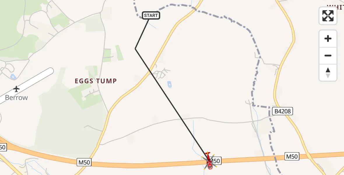 Flight route Air Ambulance Helicopter Forest of Dean - Bromesberrow Heath, 18 May 2026, 13:18