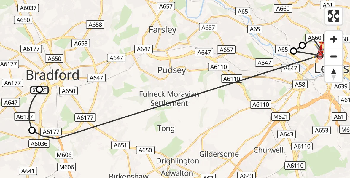 Flight route Air Ambulance Helicopter Great Horton - Woodhouse, 18 May 2026, 13:23