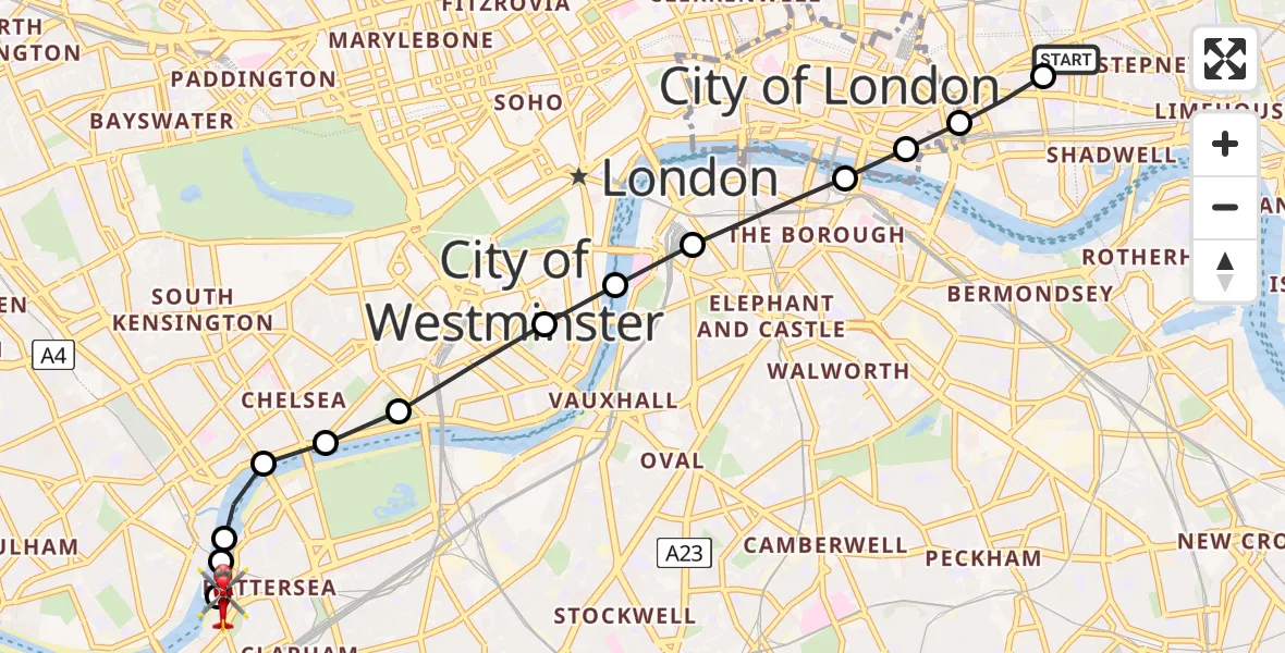 Flight route Air Ambulance Helicopter Royal London Hospital - London Heliport, 18 May 2026, 13:30