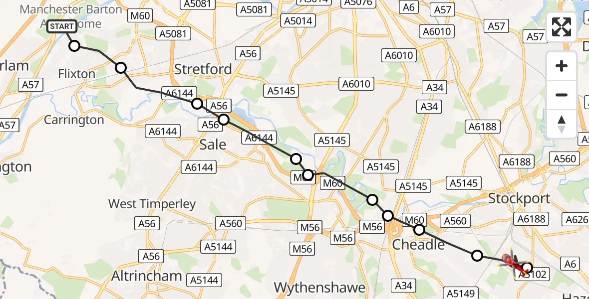 Flight route Air Ambulance Helicopter Irlam - Bramhall, 18 May 2026, 13:30