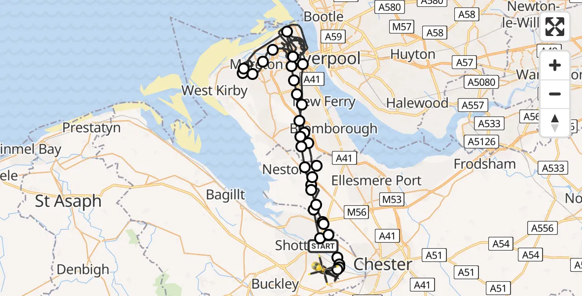 Flight route Police Helicopter Sealand - Sandycroft, 18 May 2026, 13:30