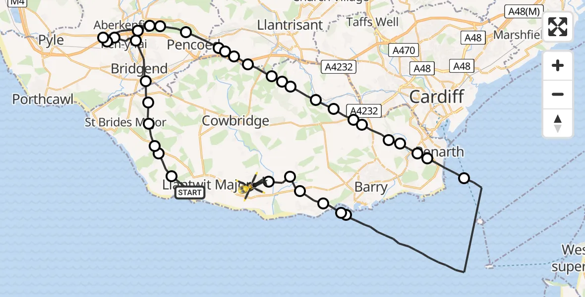 Flight route Police Helicopter Llantwit Major - MOD St Athan, 18 May 2026, 13:30