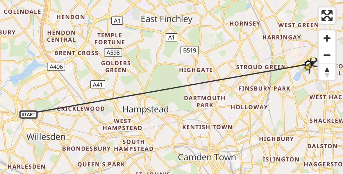 Flight route Police Helicopter Dollis Hill - West Green, 18 May 2026, 13:33