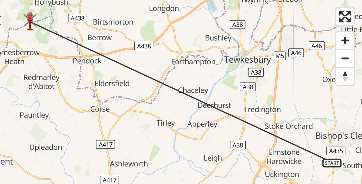 Flight route Air Ambulance Helicopter Cheltenham - Eastnor, 18 May 2026, 13:36