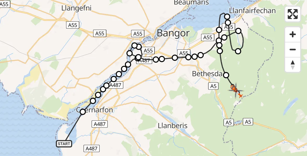 Flight route Coastguard Helicopter Caernarfon Airport - Llanllechid, 18 May 2026, 13:43