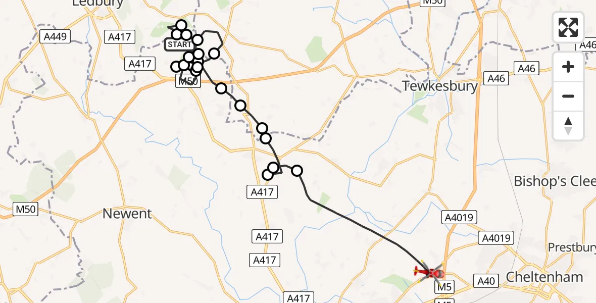 Flight route Air Ambulance Helicopter Bromsberrow - Tewkesbury, 18 May 2026, 13:46