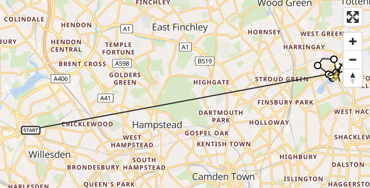 Flight route Police Helicopter Dollis Hill - West Green, 18 May 2026, 13:48