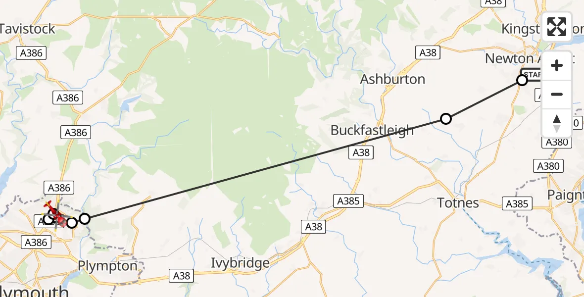 Flight route Air Ambulance Helicopter Newton Abbot - Plymouth City Airport, 18 May 2026, 13:49
