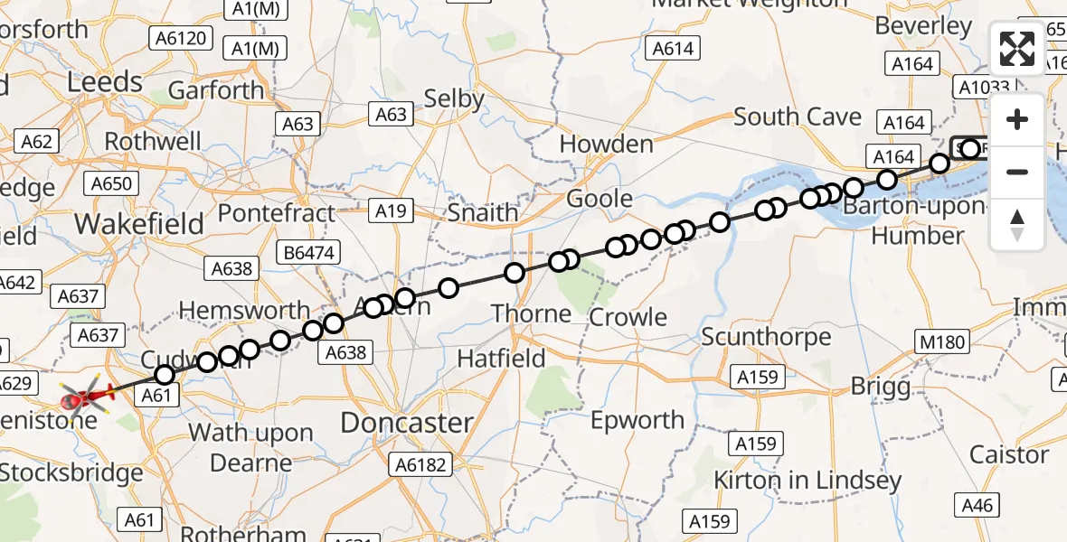 Flight route Air Ambulance Helicopter Hull Royal Infirmary - Barnsley, 18 May 2026, 13:52