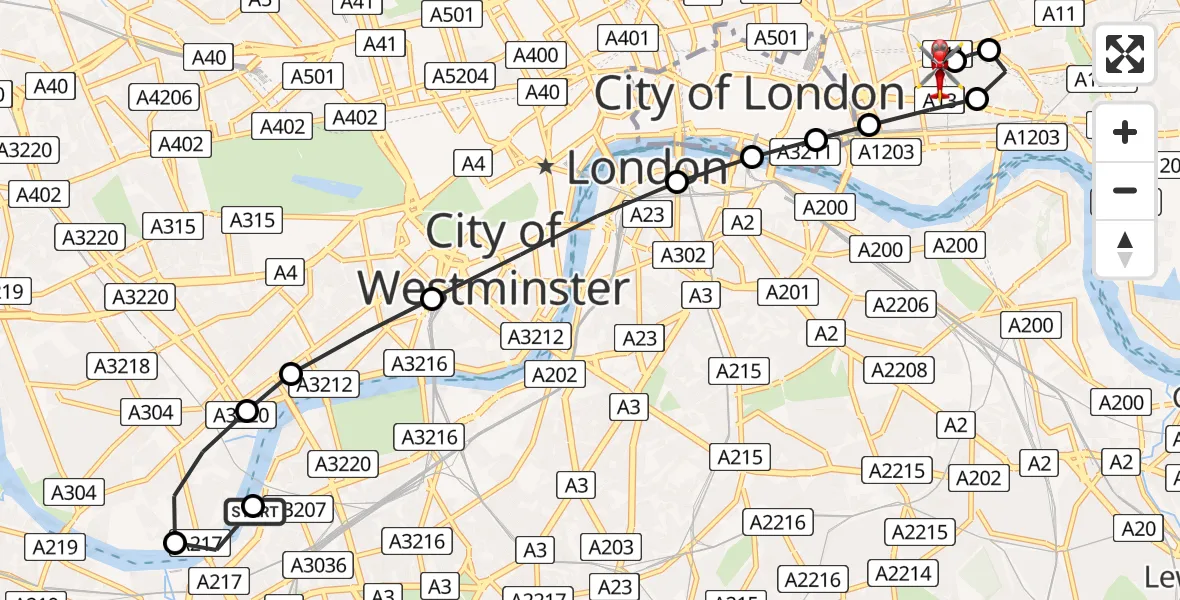 Flight route Air Ambulance Helicopter London Heliport - Royal London Hospital, 18 May 2026, 13:53