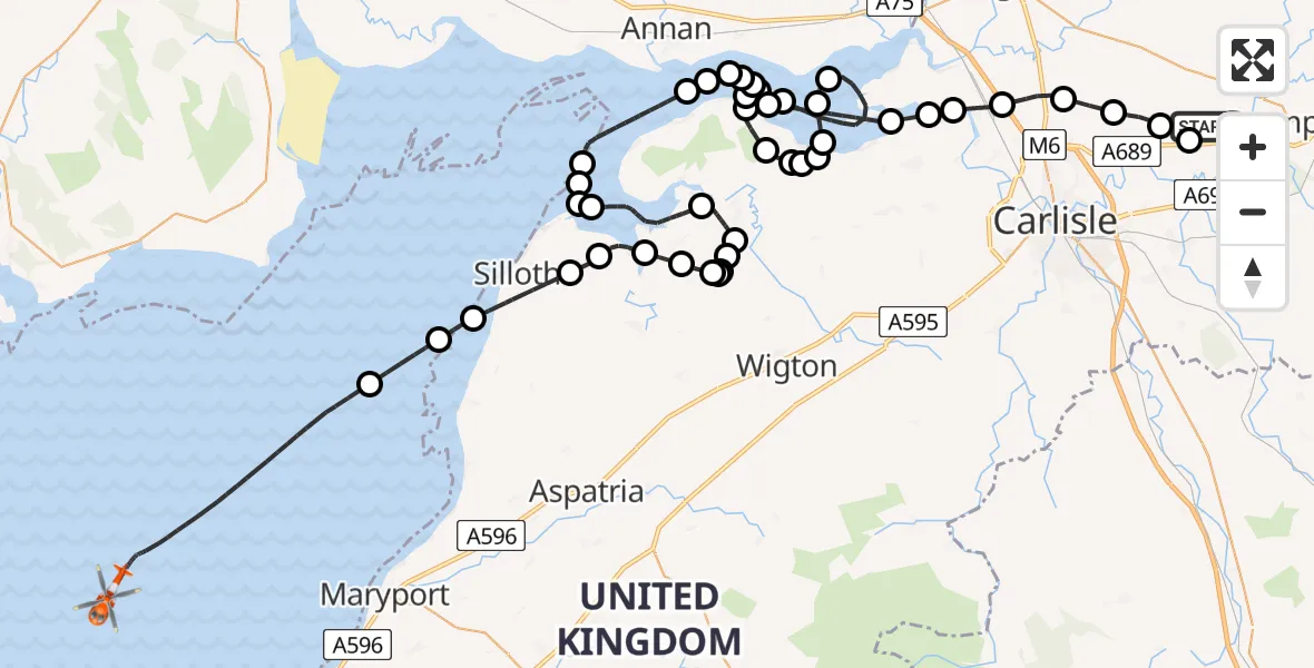 Flight route Coastguard Helicopter Carlisle Lake District Airport - Irish Sea, 18 May 2026, 13:57