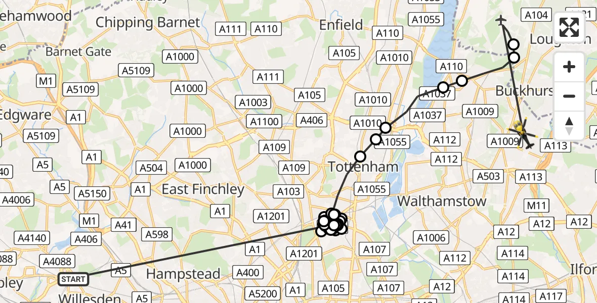 Flight route Police Helicopter Dollis Hill - Monkhams, 18 May 2026, 14:04
