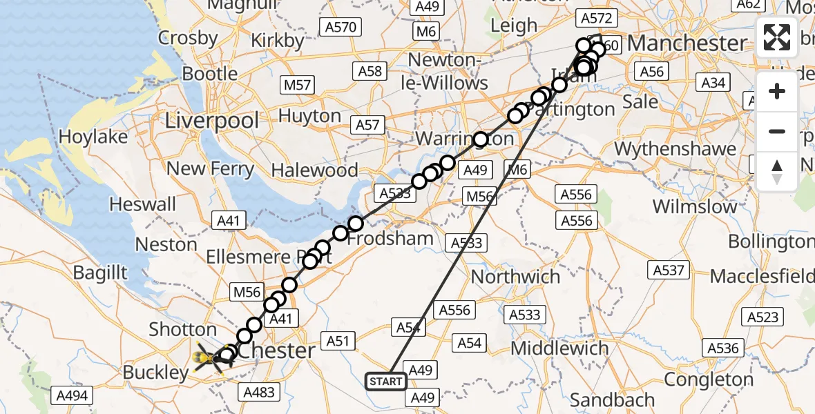 Flight route Police Helicopter Clotton - Sandycroft, 18 May 2026, 14:09