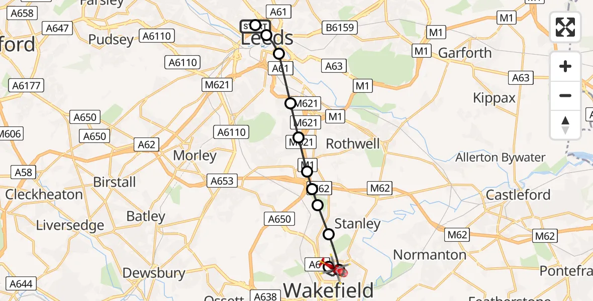 Flight route Air Ambulance Helicopter Woodhouse - Newton Hill, 18 May 2026, 14:14