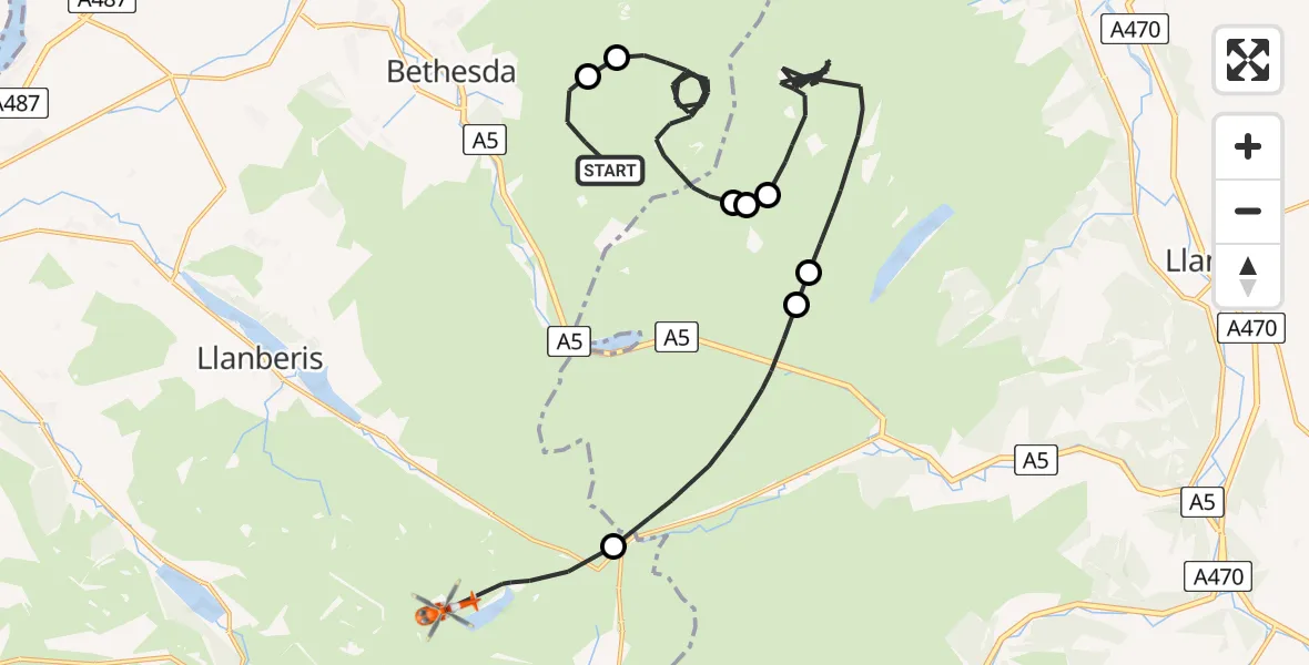 Flight route Coastguard Helicopter Llanllechid - Beddgelert, 18 May 2026, 14:17