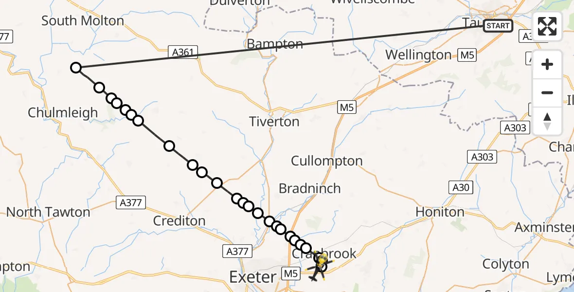 Flight route Police Helicopter Taunton - Exeter International Airport, 18 May 2026, 14:17
