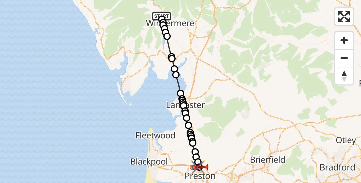 Flight route Air Ambulance Helicopter Windermere - Preston, 18 May 2026, 14:23