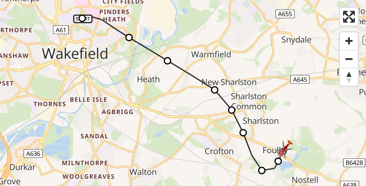 Flight route Air Ambulance Helicopter Newton Hill - YAA Nostell Helicopter Port, 18 May 2026, 14:29