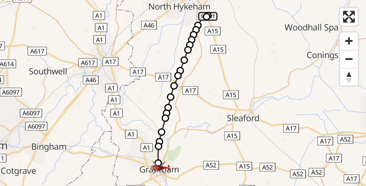 Flight route Air Ambulance Helicopter RAF Waddington - Grantham, 18 May 2026, 14:30