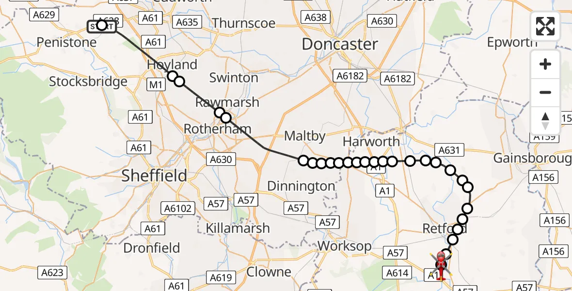 Flight route Air Ambulance Helicopter Barnsley - Retford Gamston Airport, 18 May 2026, 14:34