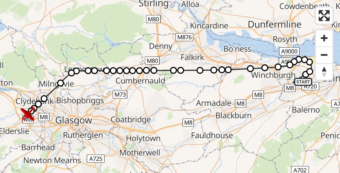 Flight route Air Ambulance Aircraft Edinburgh Airport - Glasgow Airport, 18 May 2026, 14:38