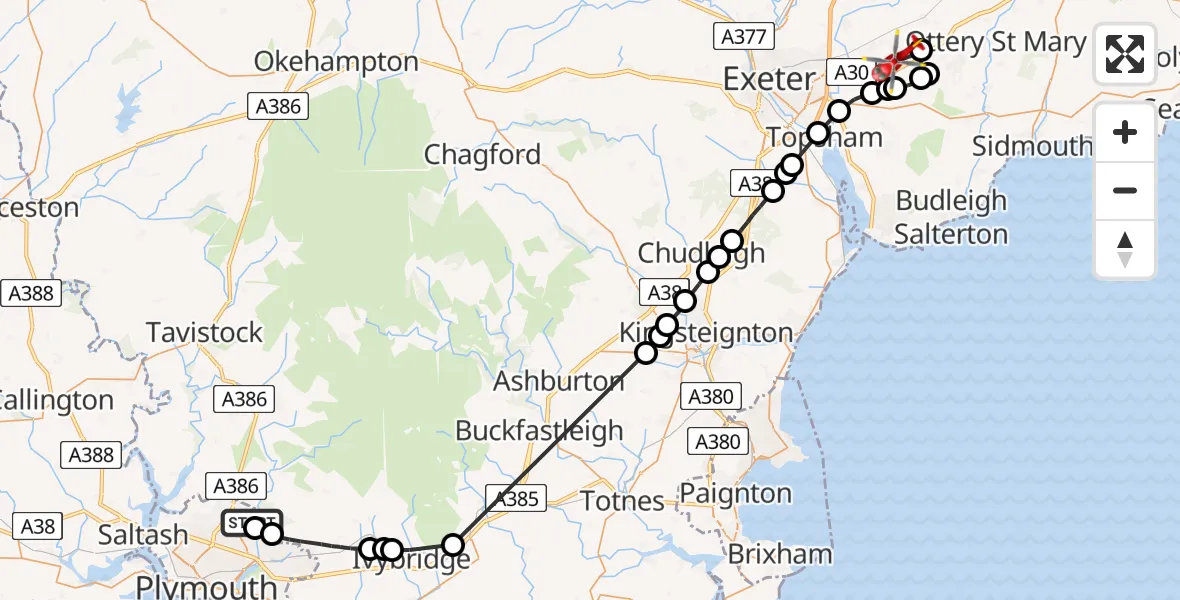 Flight route Air Ambulance Helicopter Mainstone - Rockbeare, 18 May 2026, 14:44