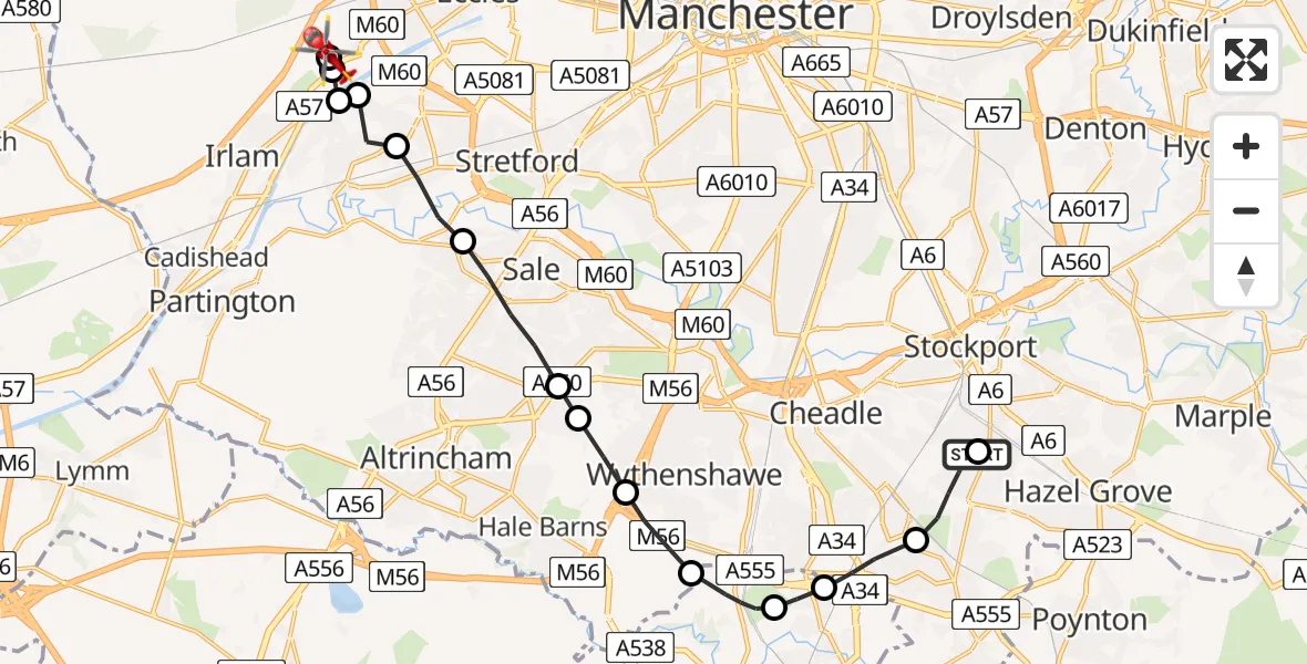 Flight route Air Ambulance Helicopter Bramhall - Manchester Barton Aerodrome, 18 May 2026, 14:51