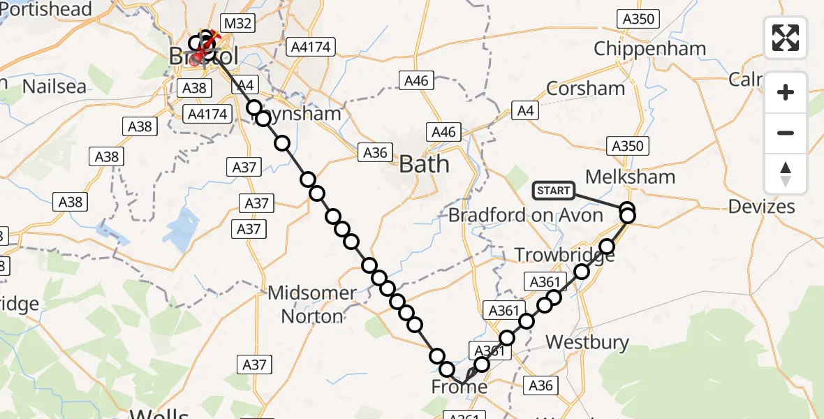 Flight route Air Ambulance Helicopter Lower Wraxall - Bristol Royal Infirmary, 18 May 2026, 15:05