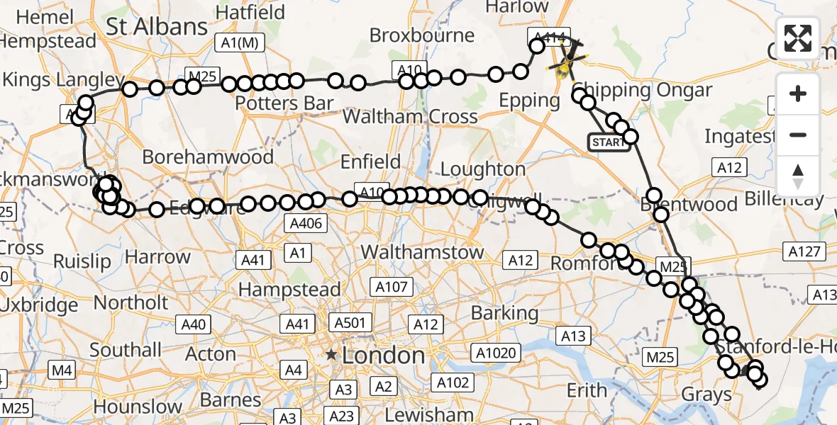 Flight route Police Helicopter Stanford Rivers - North Weald Airfield, 18 May 2026, 15:09