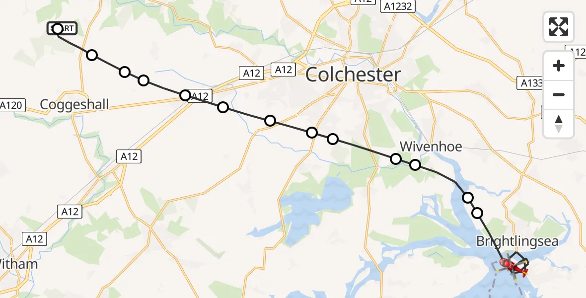 Flight route Air Ambulance Helicopter Earls Colne Airfield - Brightlingsea, 18 May 2026, 15:17