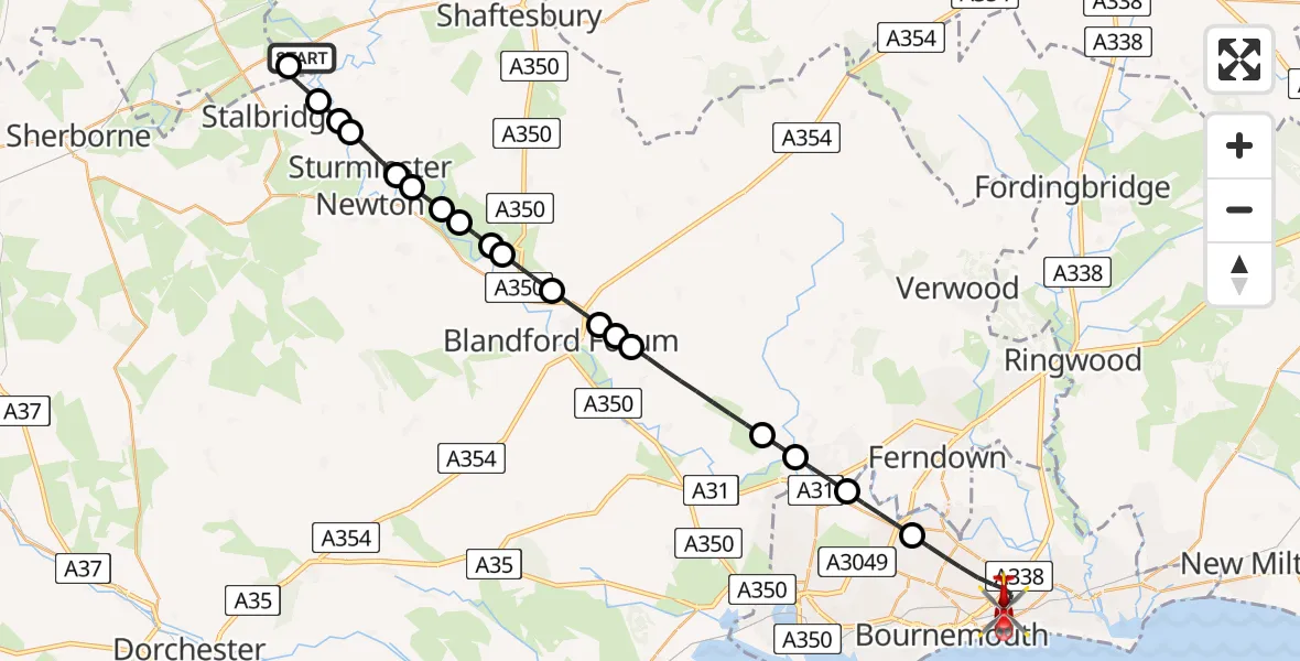 Flight route Air Ambulance Helicopter Henstridge Airfield - Bournemouth, 18 May 2026, 15:20