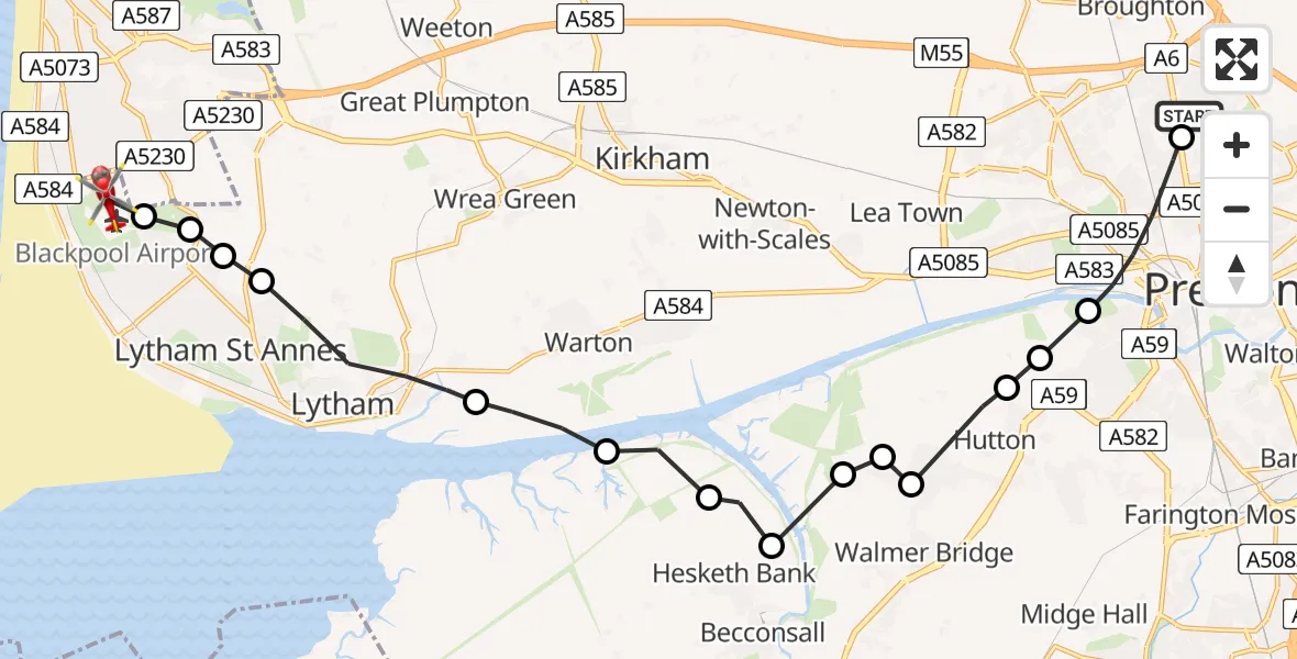 Flight route Air Ambulance Helicopter Royal Preston - Blackpool Airport, 18 May 2026, 15:22