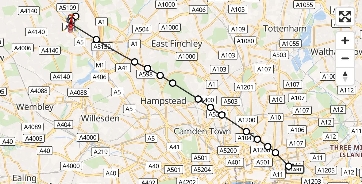 Flight route Air Ambulance Helicopter Royal London Hospital - Colindale, 18 May 2026, 15:24