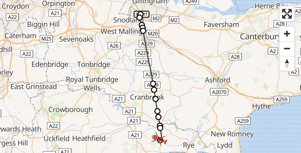 Flight route Air Ambulance Helicopter Rochester Airport - Rother, 18 May 2026, 15:26