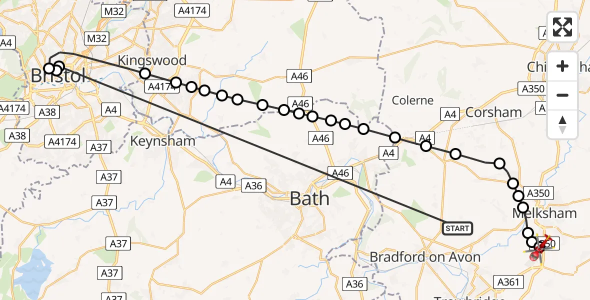Flight route Air Ambulance Helicopter Lower Wraxall - Melksham, 18 May 2026, 15:30