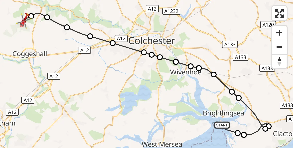 Flight route Air Ambulance Helicopter Brightlingsea - Earls Colne Airfield, 18 May 2026, 16:00
