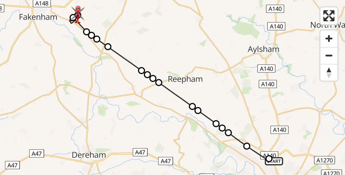 Flight route Air Ambulance Helicopter Norwich Airport - North Norfolk, 18 May 2026, 16:00