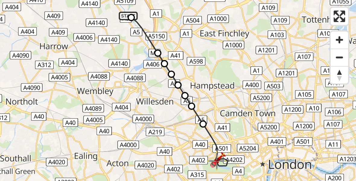 Flight route Air Ambulance Helicopter Colindale - City of Westminster, 18 May 2026, 16:02