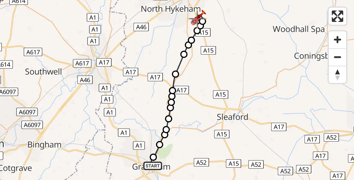 Flight route Air Ambulance Helicopter Grantham - North Kesteven, 18 May 2026, 16:03