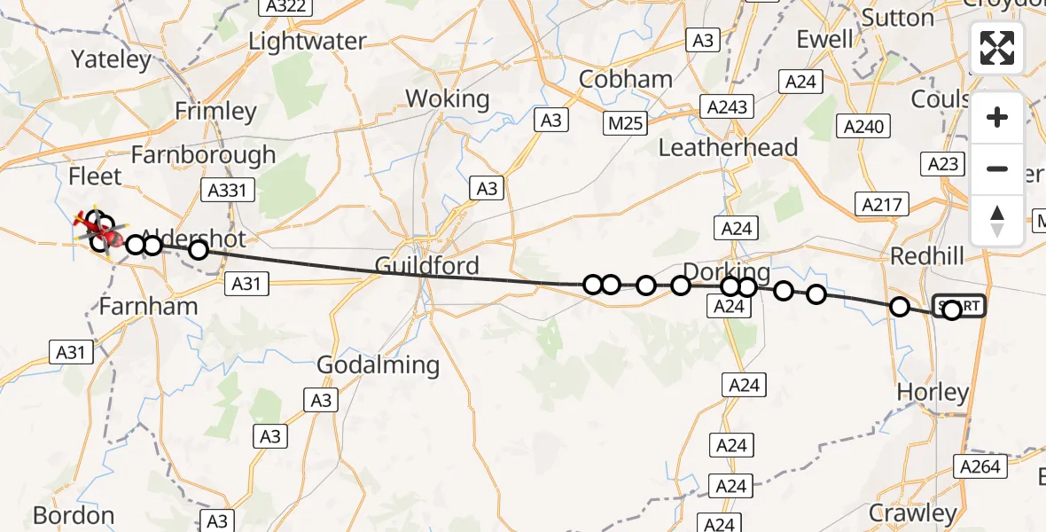 Flight route Air Ambulance Helicopter Redhill Aerodrome - Ewshot, 18 May 2026, 16:09