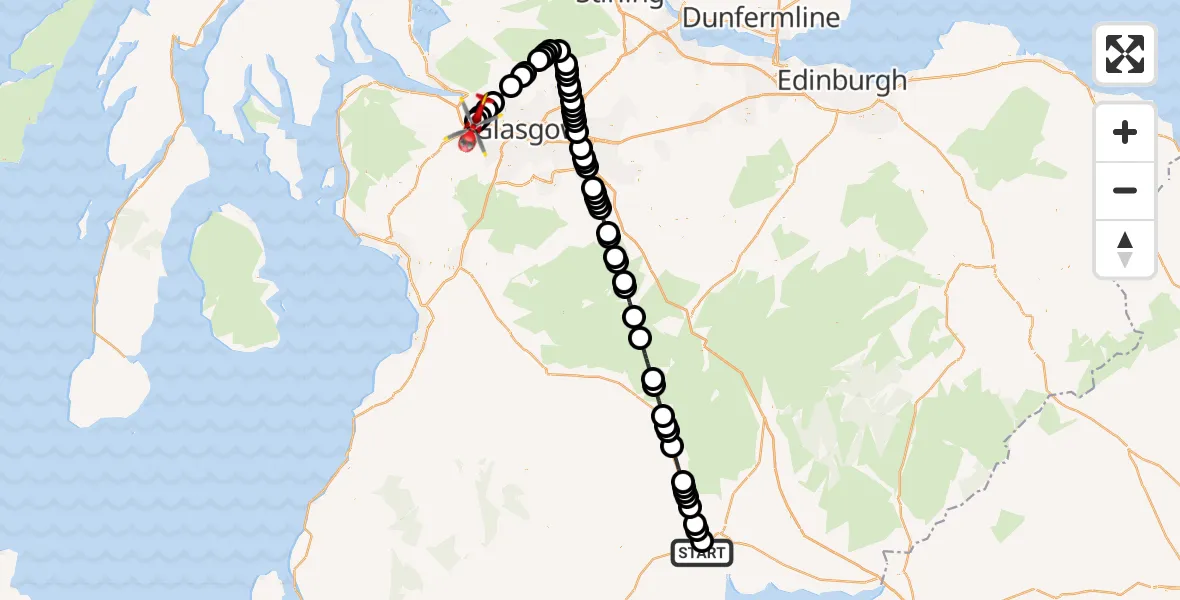 Flight route Air Ambulance Helicopter Dumfries - Glasgow Airport, 18 May 2026, 16:14