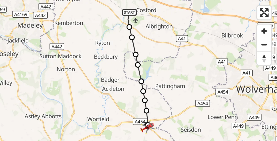 Flight route Air Ambulance Helicopter RAF Cosford - Claverley, 18 May 2026, 16:20