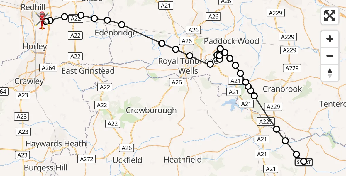 Flight route Air Ambulance Helicopter Broad Oak - Redhill Aerodrome, 18 May 2026, 16:21