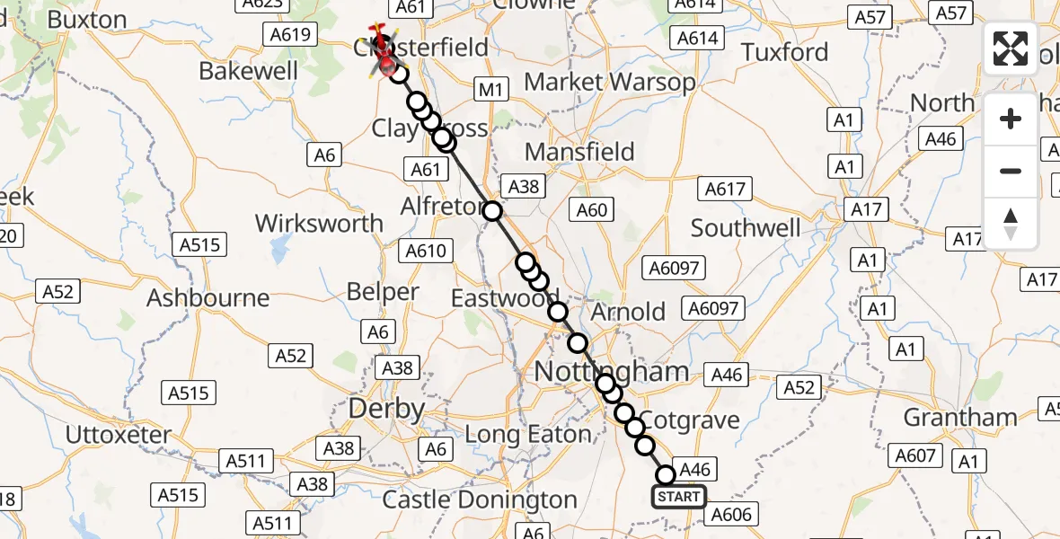 Flight route Air Ambulance Helicopter Widmerpool - Chesterfield, 18 May 2026, 16:23