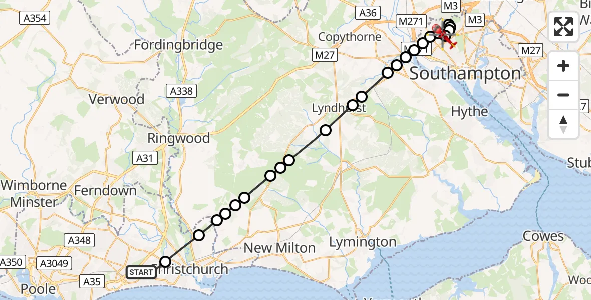 Flight route Air Ambulance Helicopter Bournemouth - University Hospital Southampton, 18 May 2026, 16:37