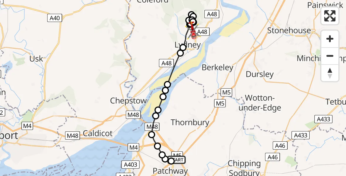 Flight route Air Ambulance Helicopter Almondsbury Helicopter Base - Lydney, 18 May 2026, 16:39