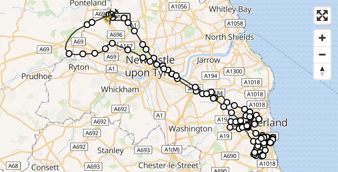 Flight route Police Helicopter Woolsington - Newcastle International Airport, 18 May 2026, 16:48
