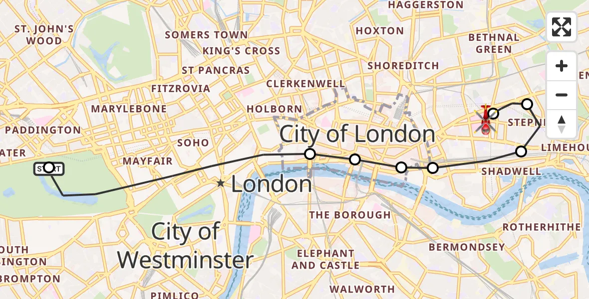 Flight route Air Ambulance Helicopter City of Westminster - Royal London Hospital, 18 May 2026, 16:48